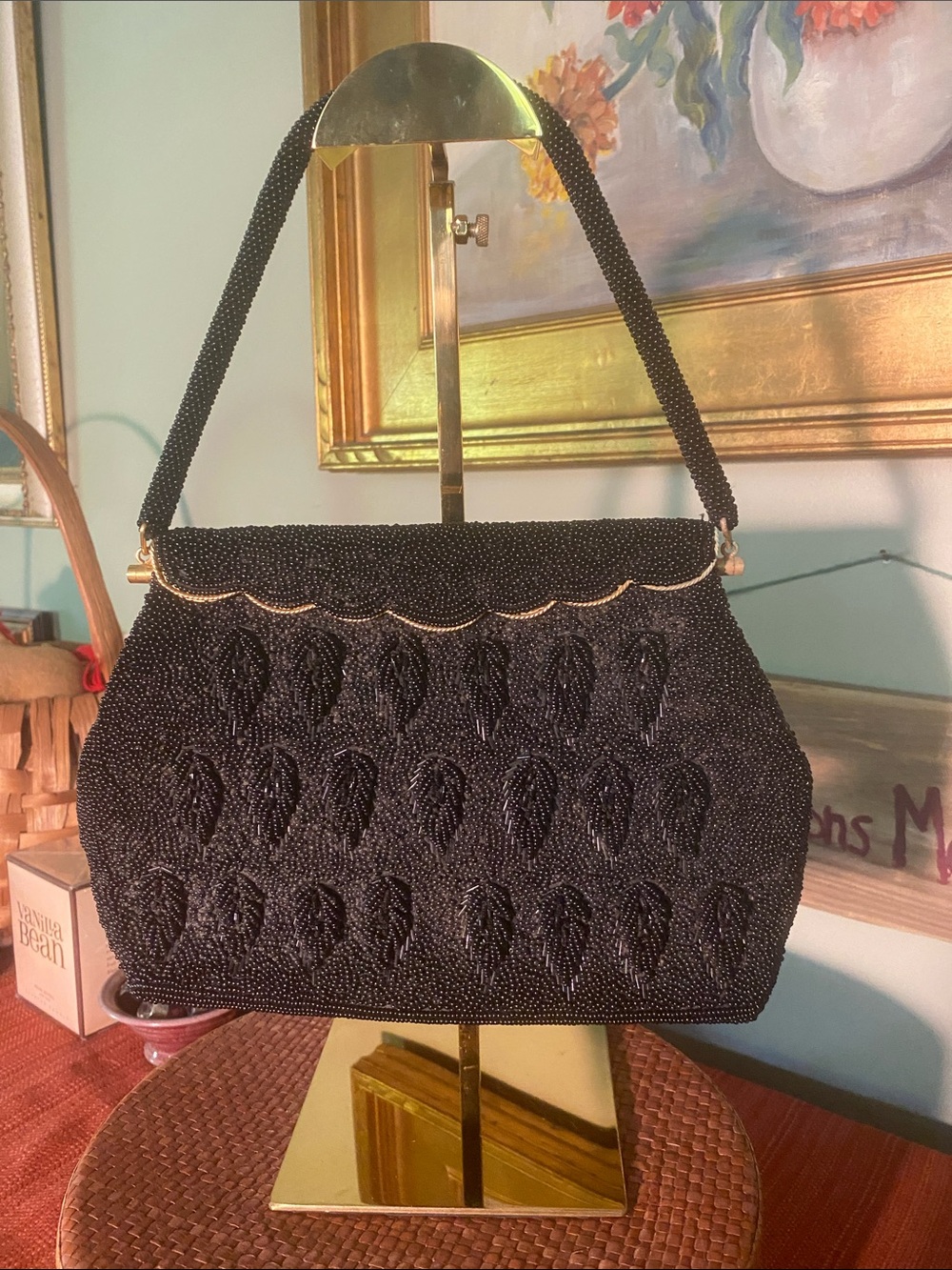 Vintage Black Beaded 1960’s Glass Beads Leaf Design Satin Lined Handbag
